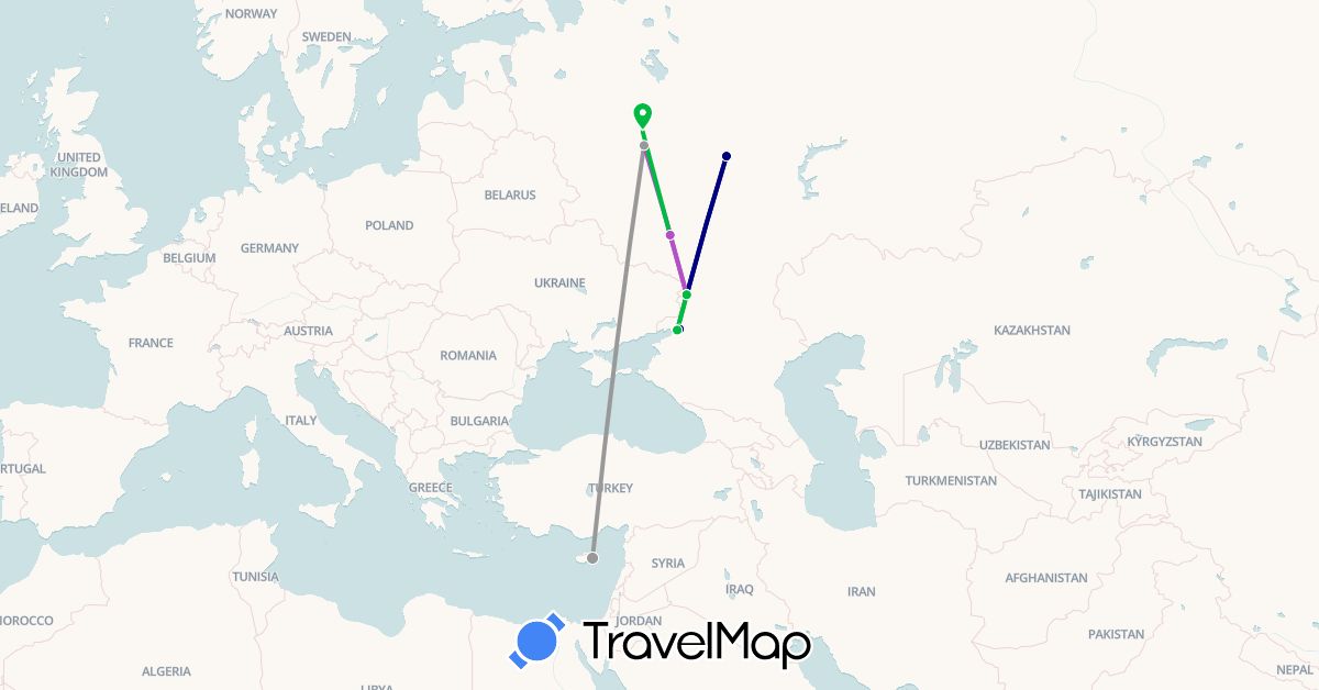 TravelMap itinerary: driving, bus, plane, train in Cyprus, Russia (Asia, Europe)